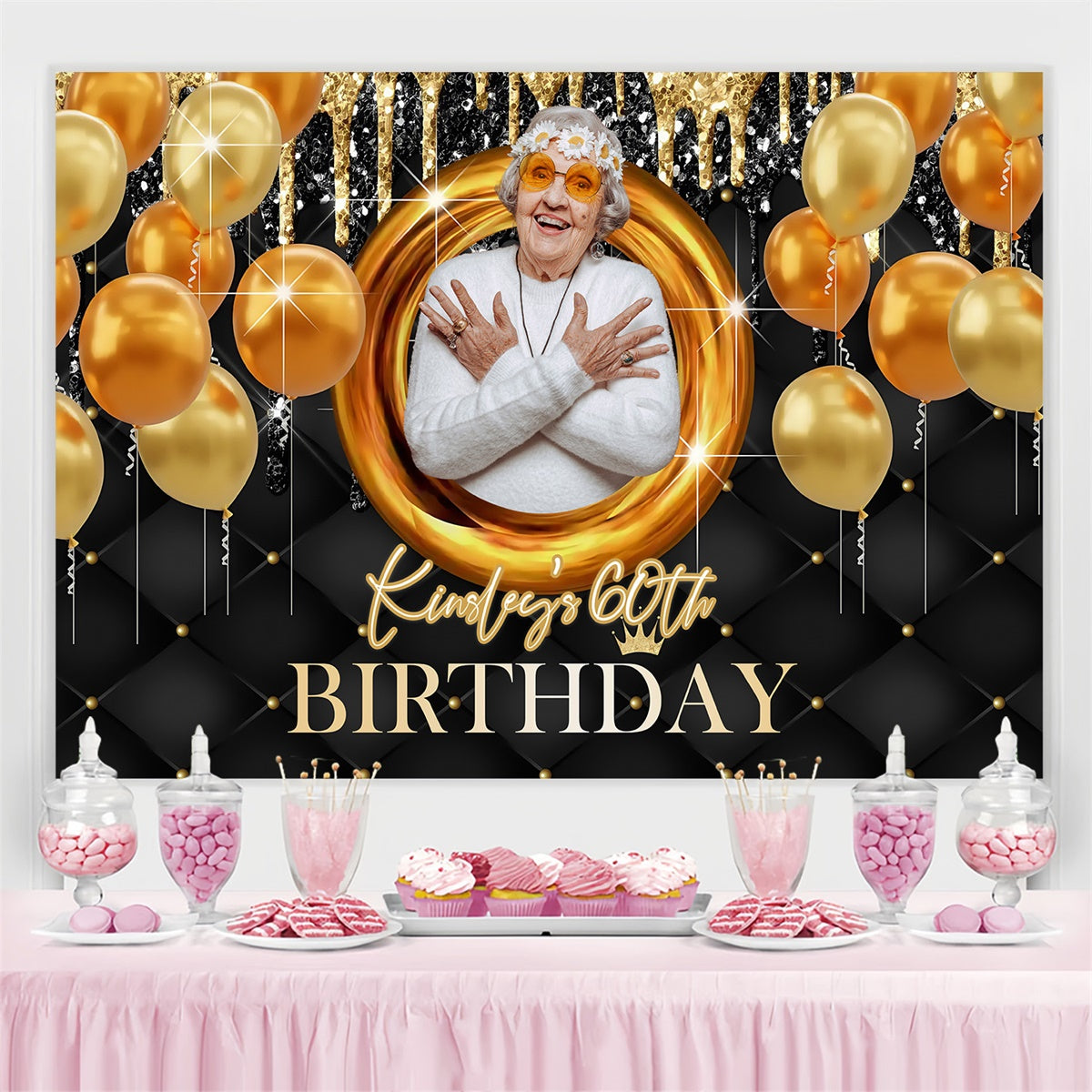 Toile de fond Deco Anniversaire Personnalisé Ballons Or Scintillants 60ème MRR3-148