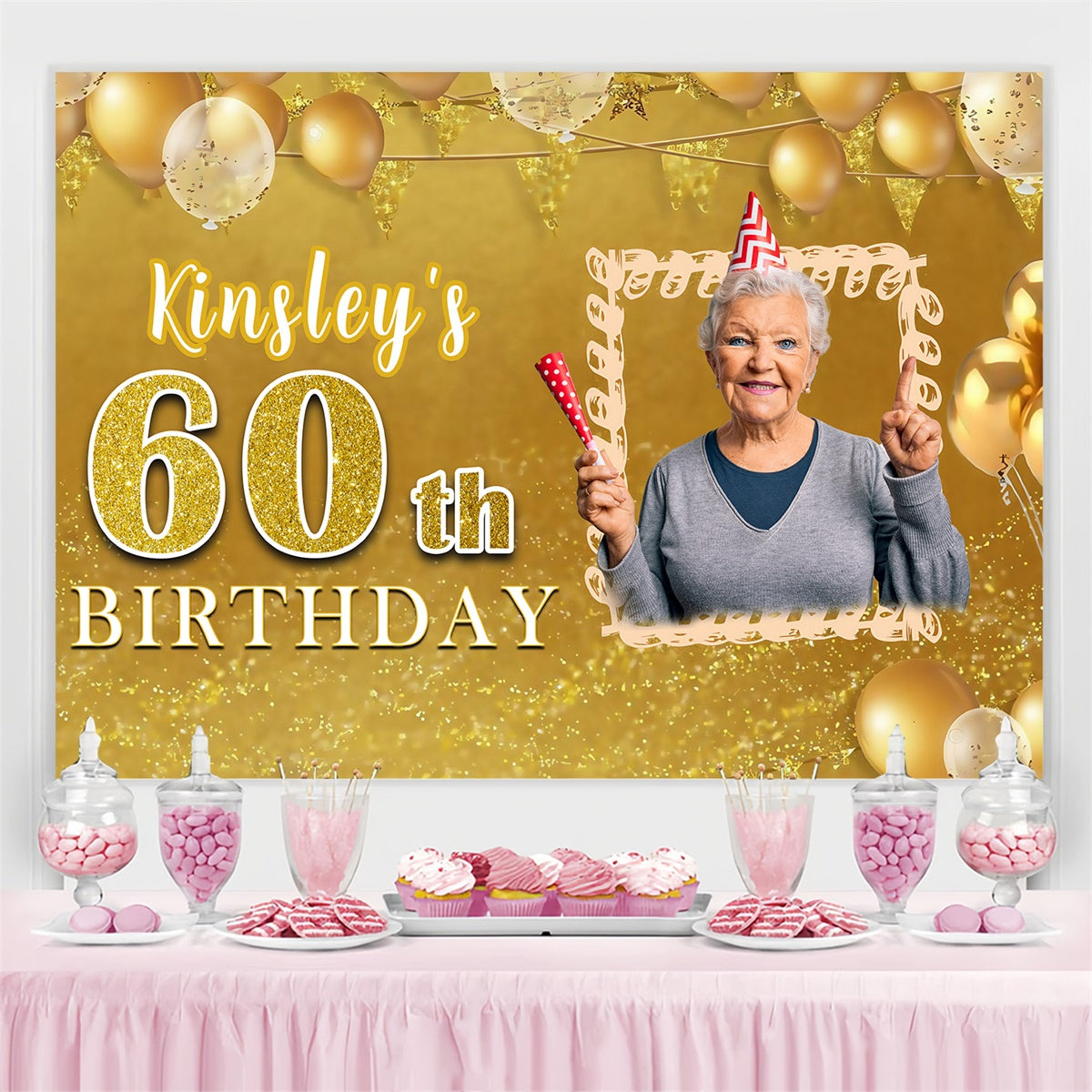 Toile de fond Anniversaire Personnalisé Ballons Festifs Or Joyeux MRR3-149