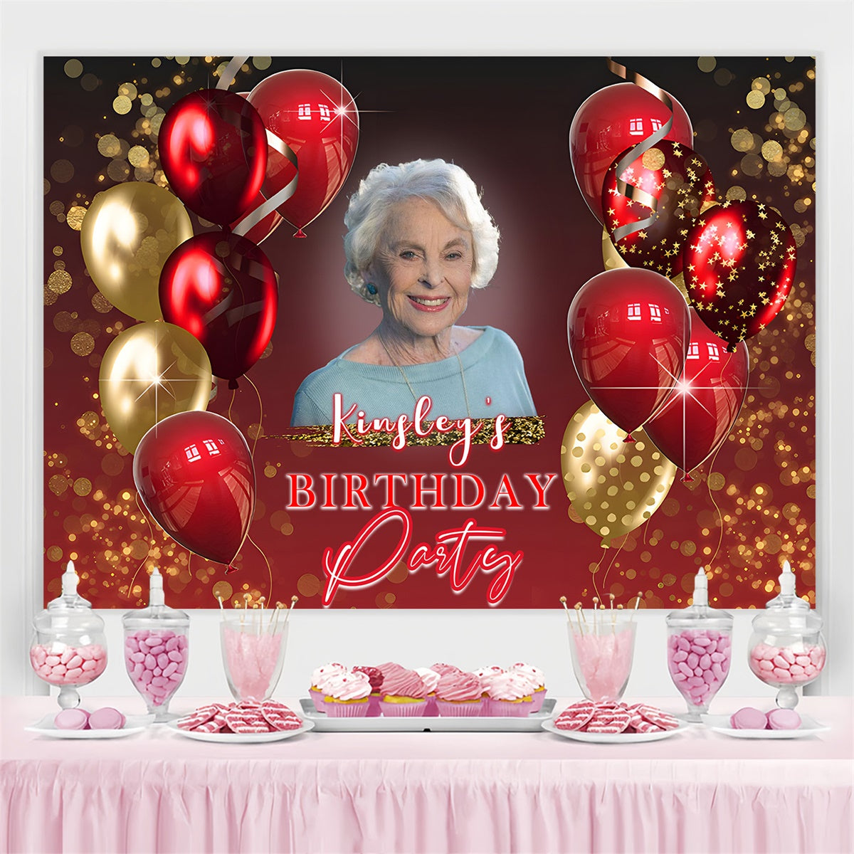 Toile de fond Anniversaire Personnalisable Ballons Rouge Or Scintillants MRR3-150