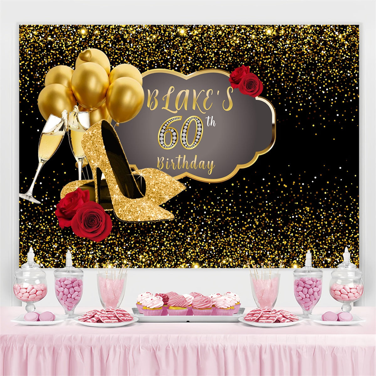 Toile de fond Anniversaire Personnalisé Rose Rouge Talons Dorés 60ème MRR3-152