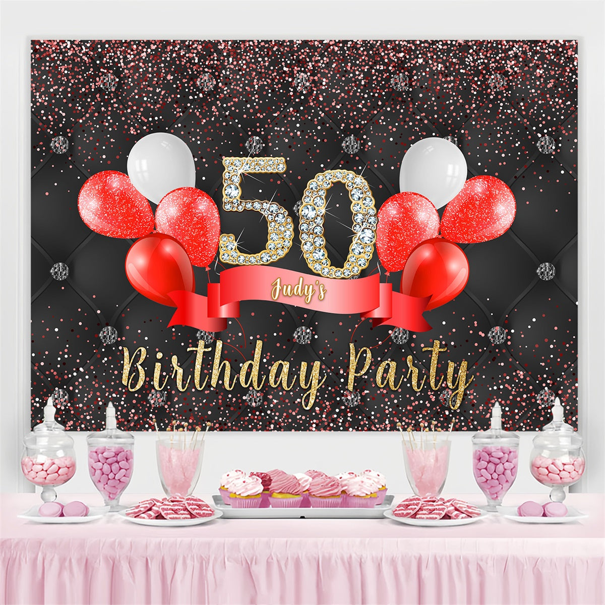 Toile de fond Deco Anniversaire Personnalisé Ballons Diamants Scintillants MRR3-153