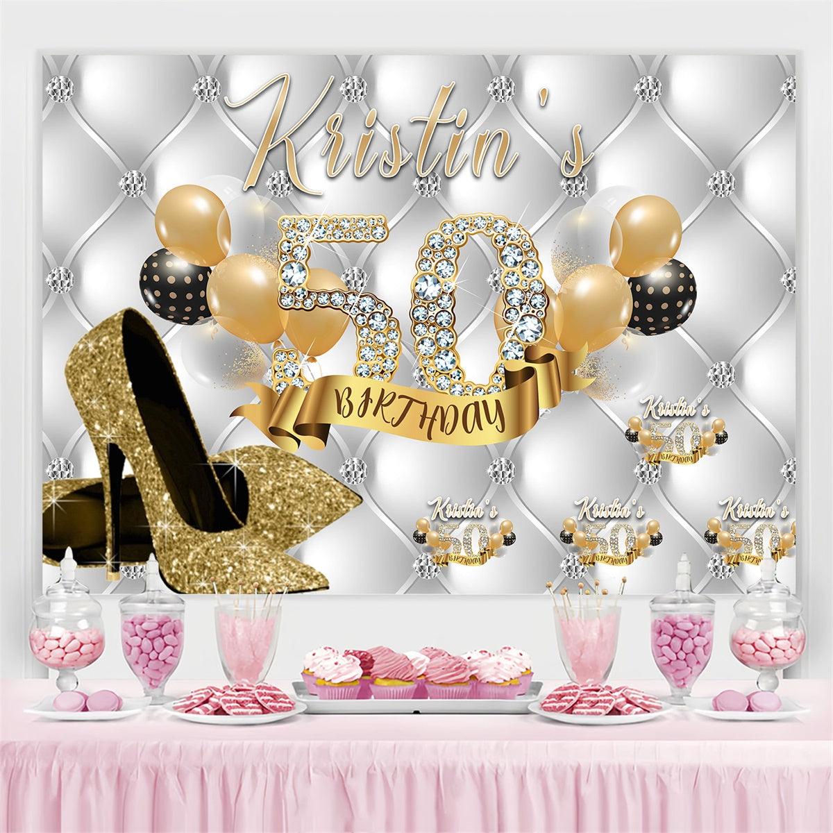 Toile de fond Anniversaire Personnalisé Talons Dorés Diamants 50ème MRR3-154