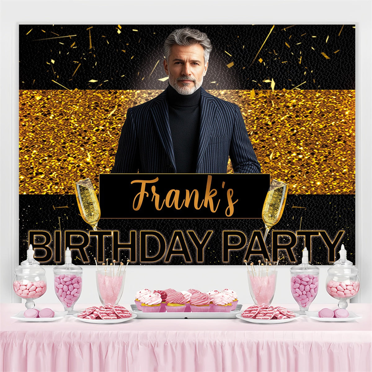 Toile de fond Deco Anniversaire Personnalisé Champagne Or Scintillant Élégant MRR3-157