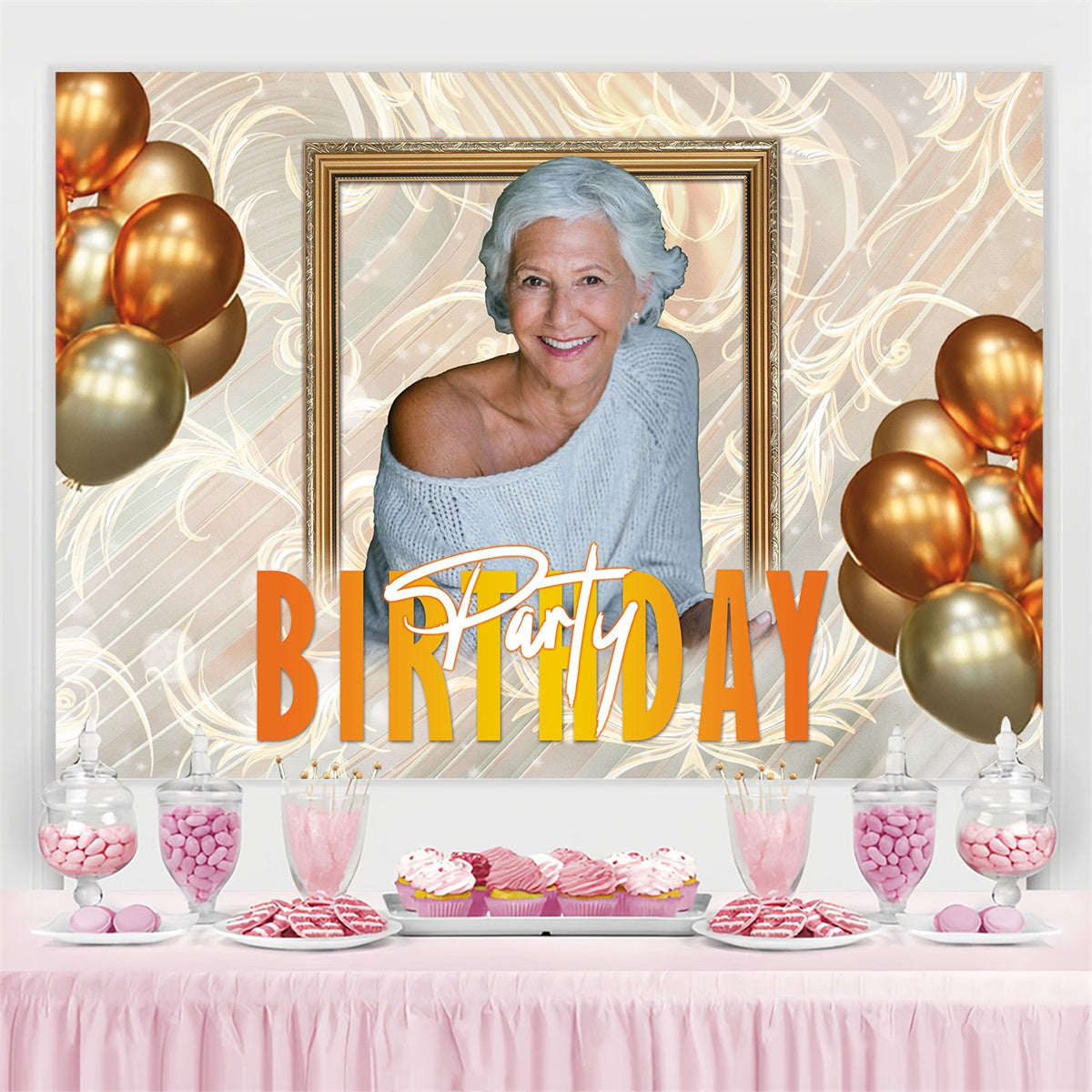 Toile de fond Anniversaire Personnalisé Ballons Or Élégance Dorée MRR3-158
