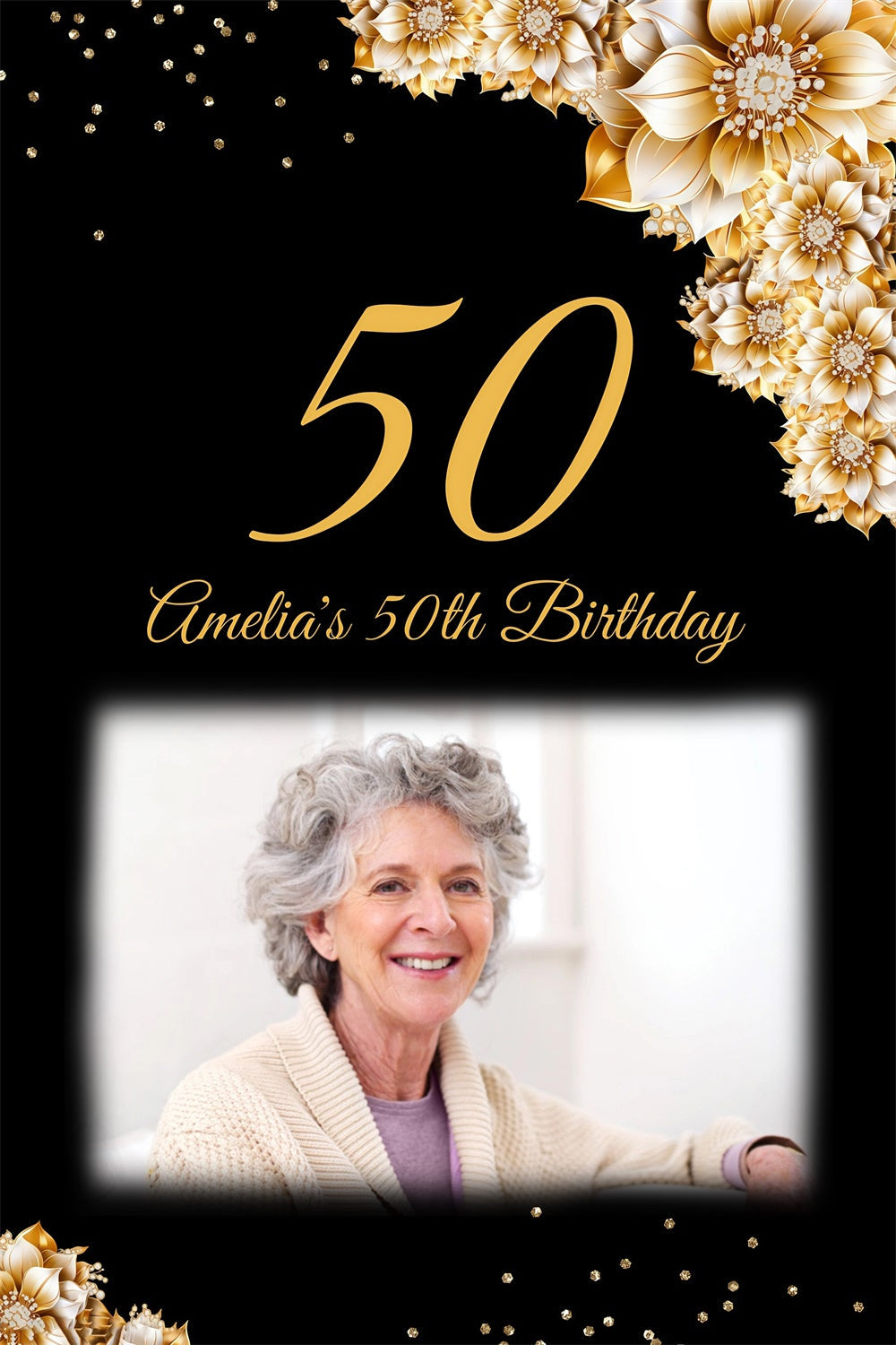 Toile de fond Anniversaire Personnalisé Fleurs Or Élégance 50ème MRR3-164