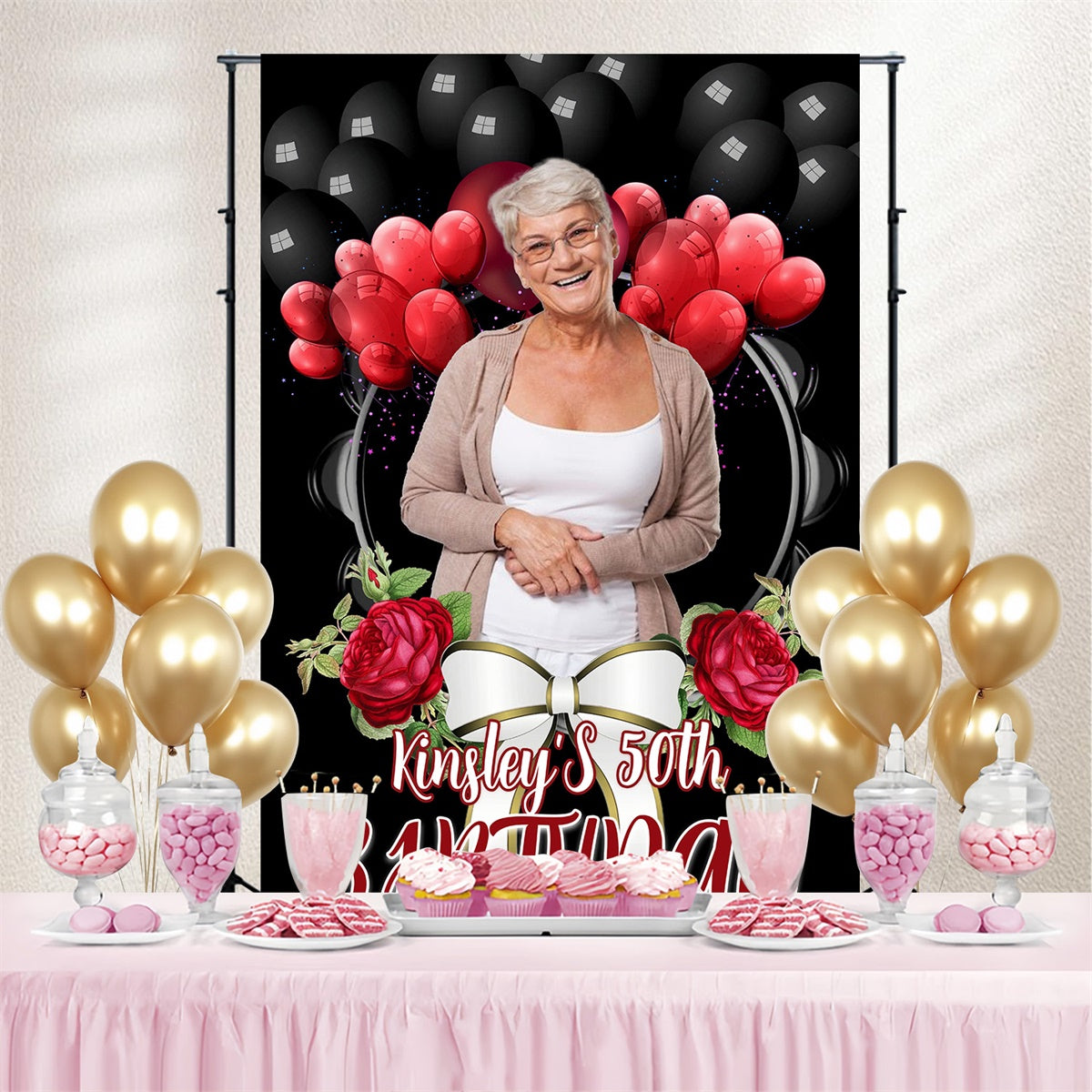 Toile de fond Deco Anniversaire Personnalisé Ballons Rouges Roses 50ème MRR3-165