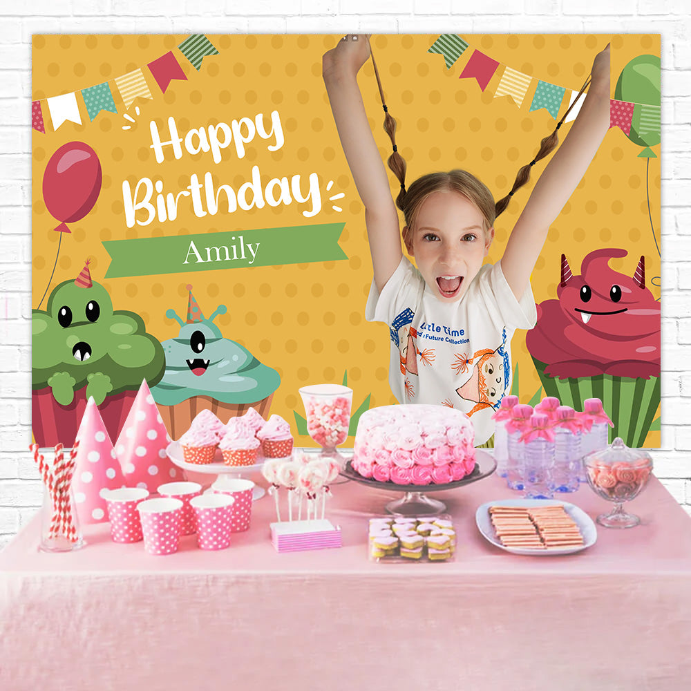 Toile de fond Personnalisable Anniversaire Fête Monstre Cupcake MRR3-19