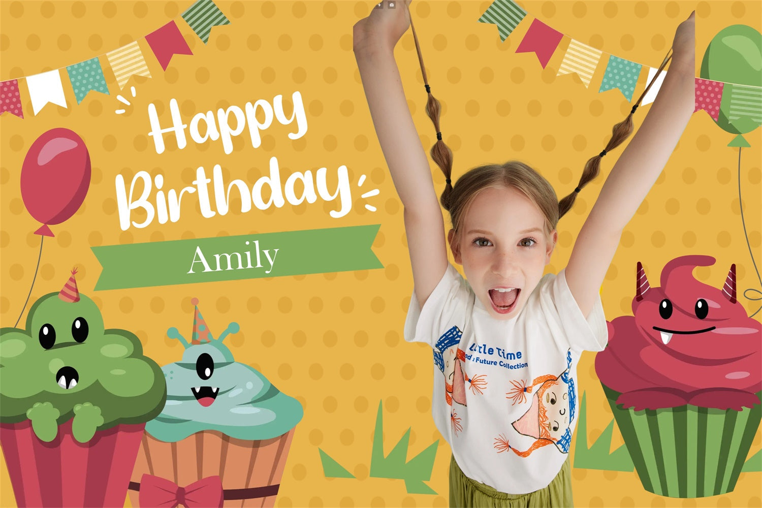 Toile de fond Personnalisable Anniversaire Fête Monstre Cupcake MRR3-19