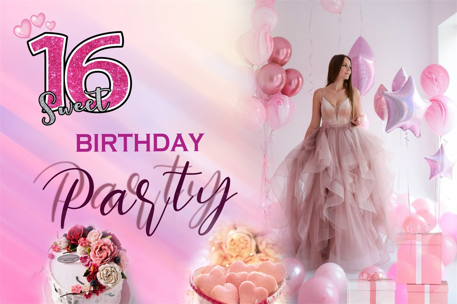 Toile de fond Deco Anniversaire Glamour Rose Sweet 16 MRR3-2