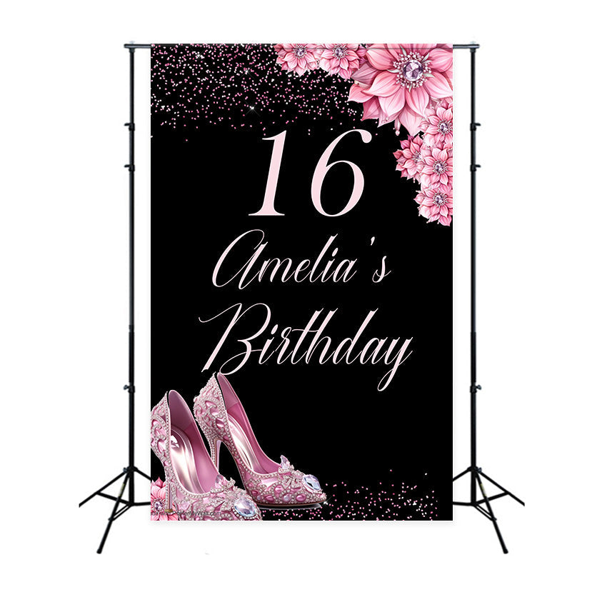 Toile de fond Anniversaire Personnalisé Sweet 16 Chaussures Roses MRR3-22