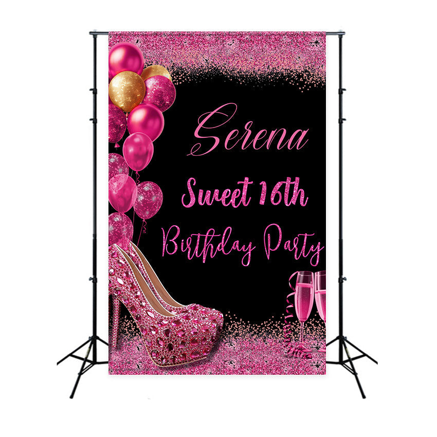 Toile de fond Personnalisable Anniversaire Sweet 16 Étincelles Roses MRR3-23