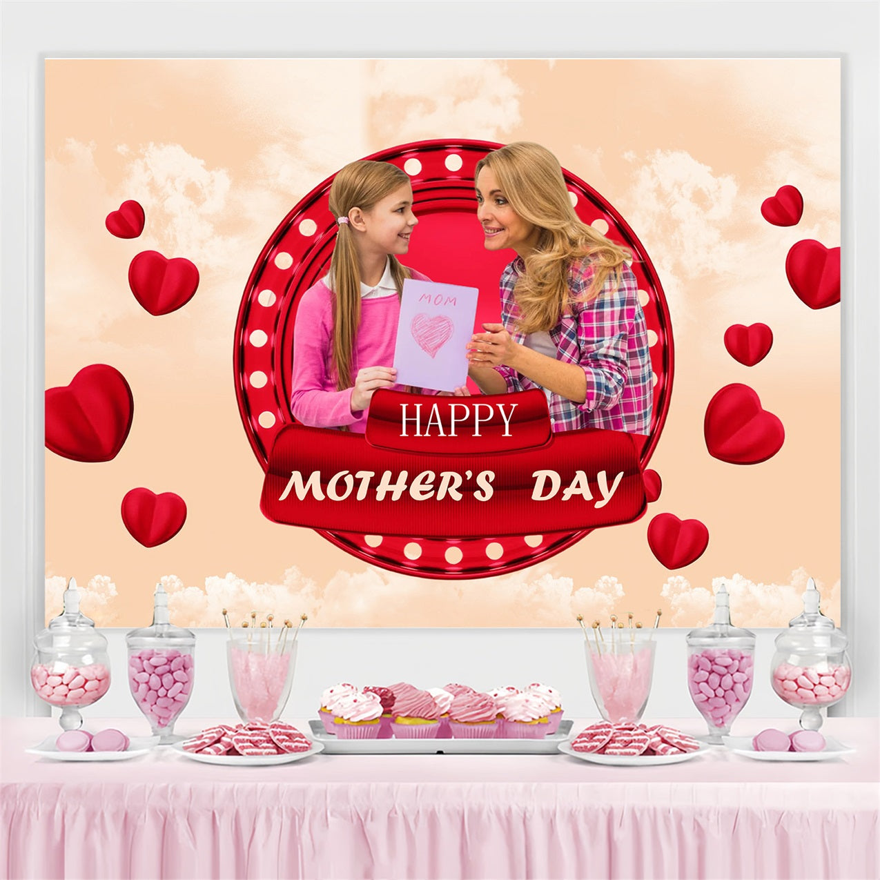 Toile de fond Fête des Mères Cœurs Rouges Chaleureux Personnalisée MRR3-33