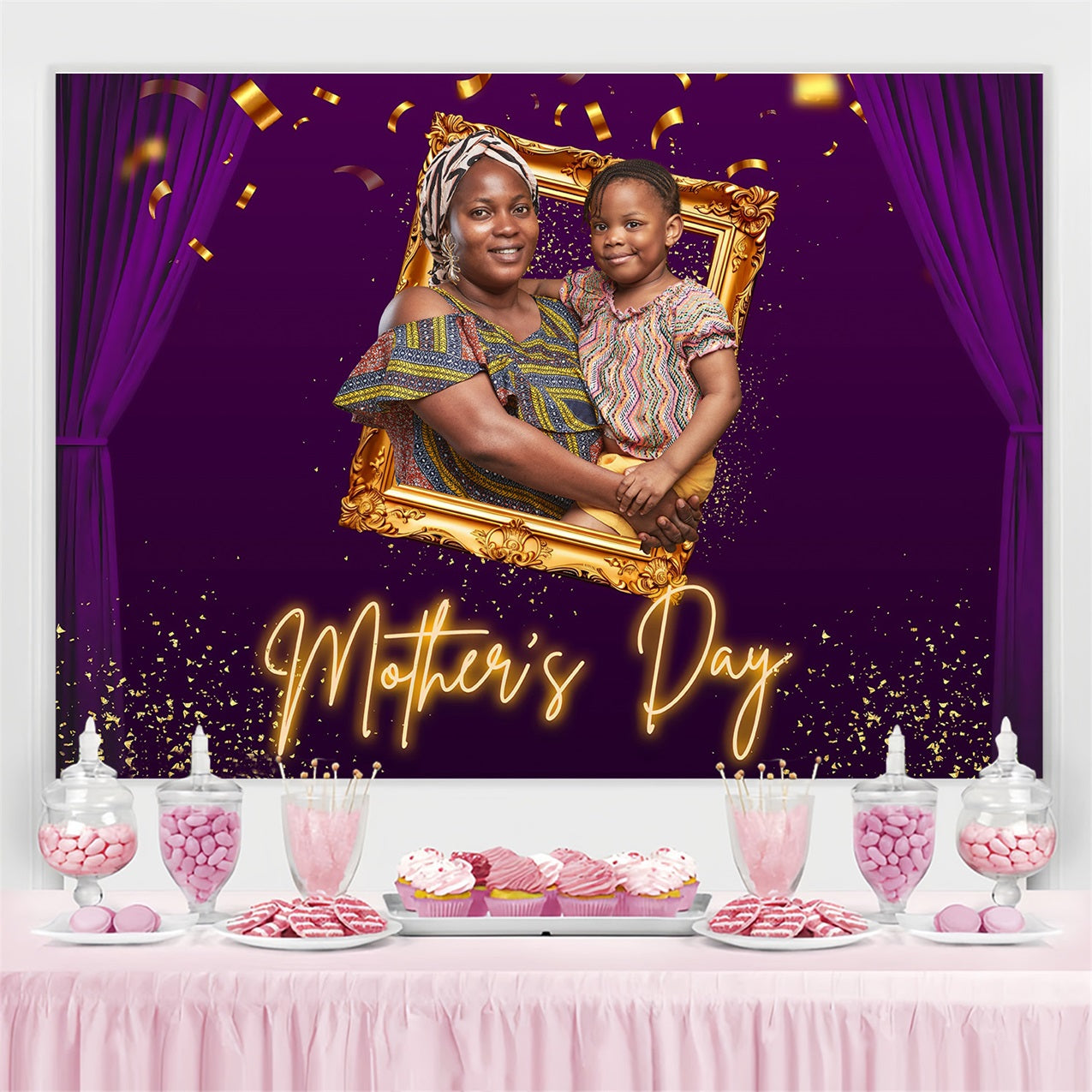 Toile de fond Fête des Mères Cadre Or Violet Personnalisée MRR3-41