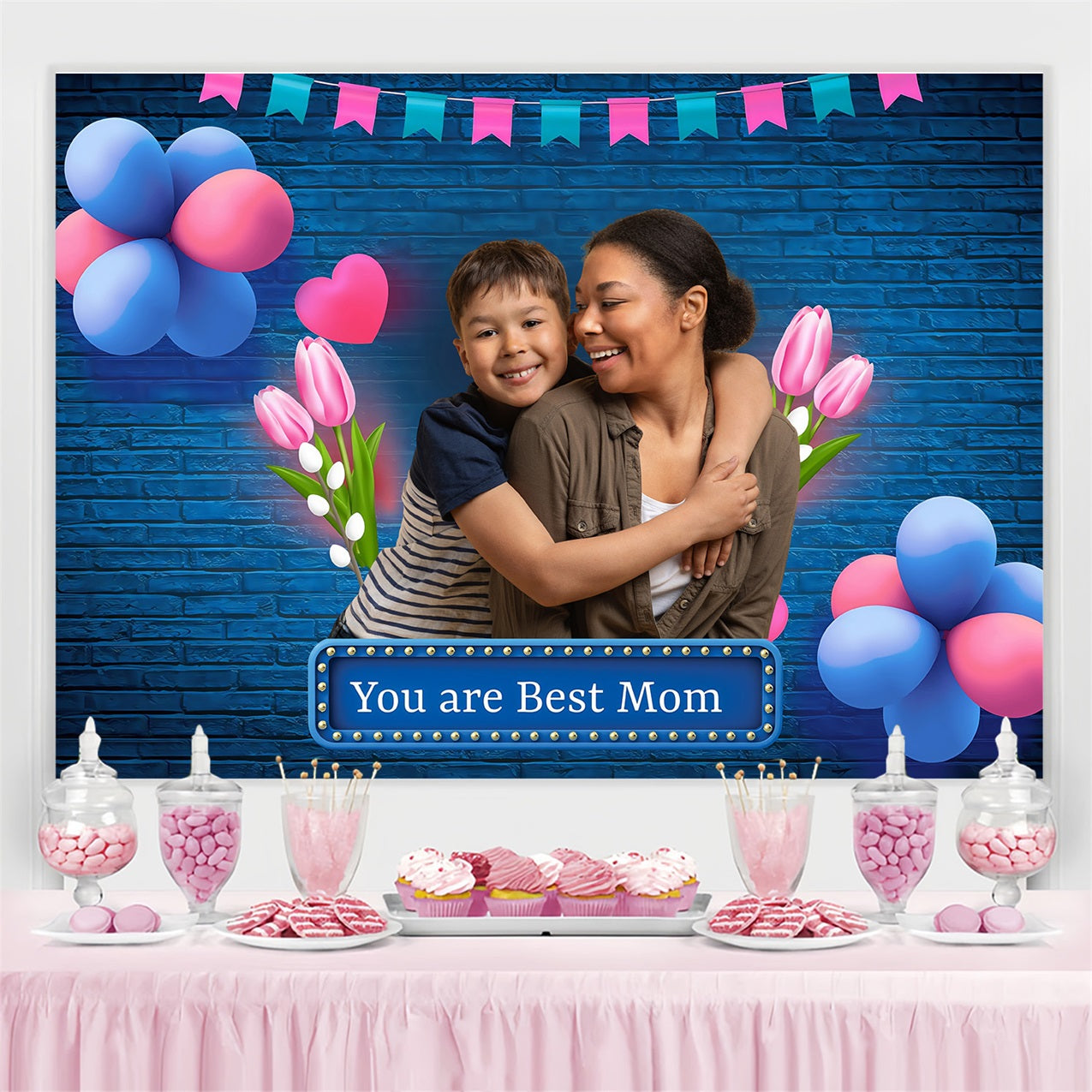 Toile de fond Fête des Mères Tulipes Ballons Célébration Personnalisée MRR3-51