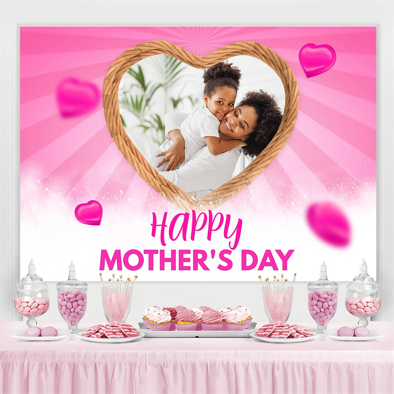 Toile de fond Fête des Mères Cadre Cœurs Roses Scintillants Personnalisée MRR3-52