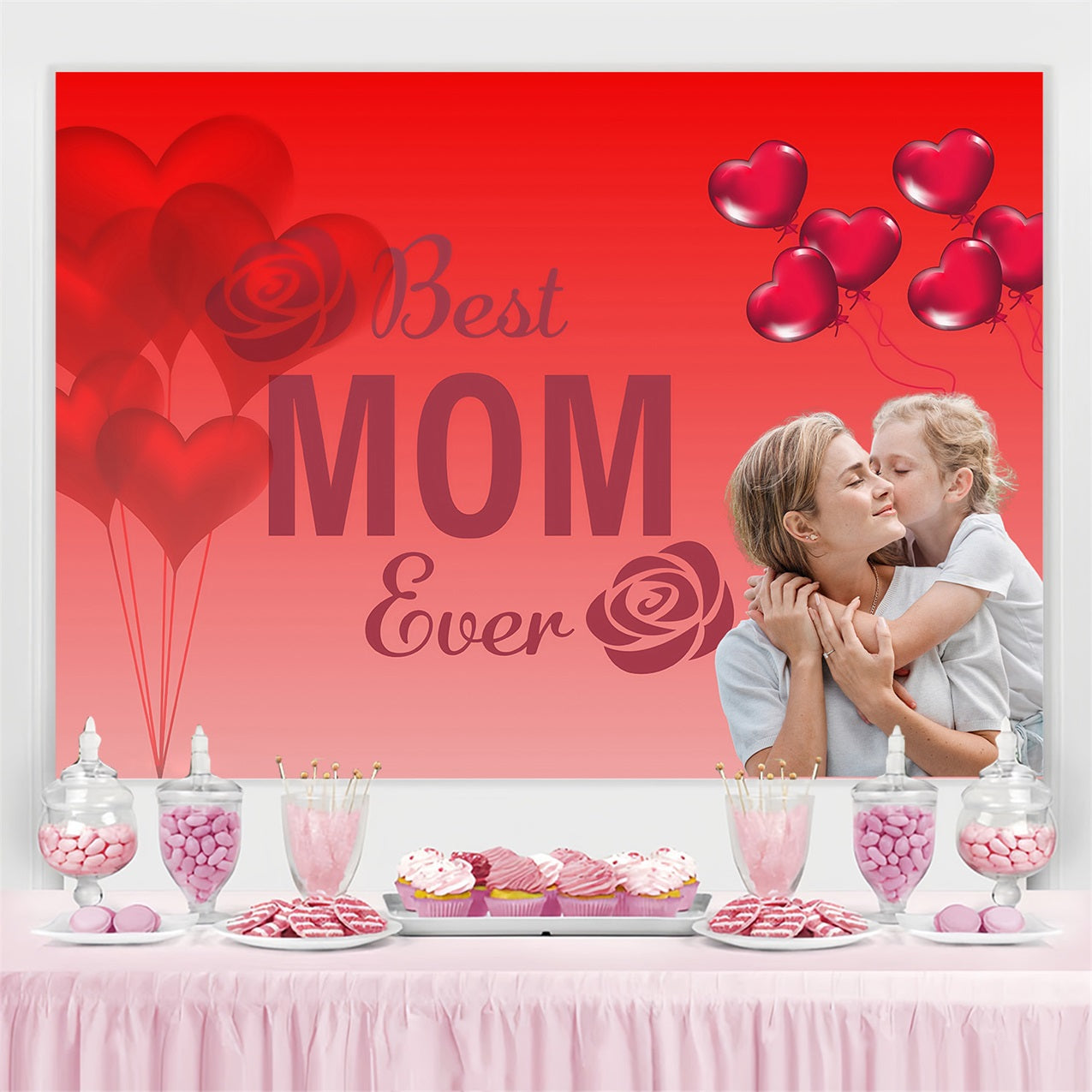 Toile de fond Fête des Mères Ballons Cœurs Rouges Personnalisée MRR3-68