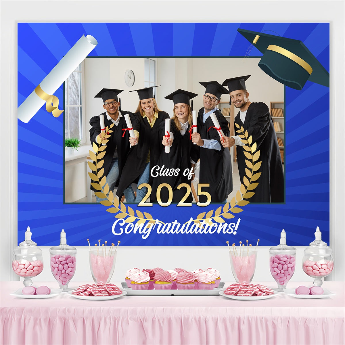 Toile de fond de remise des diplômes Laurier Bleu Personnalisée MRR4-16