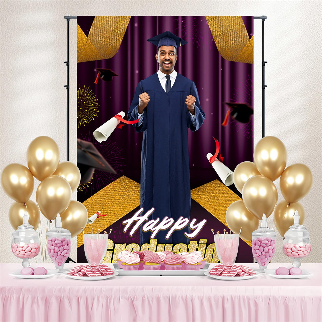 Toile de fond photo de graduation Idées Feux d'Artifice Brillants Célébration Personnalisée MRR4-49