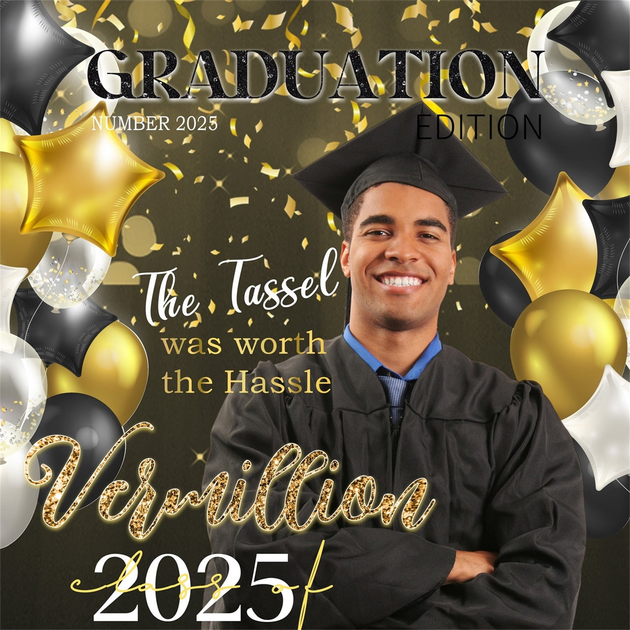 Toile de Fond de Graduation Ballons Étoiles Dorées Personnalisée MRR5-13