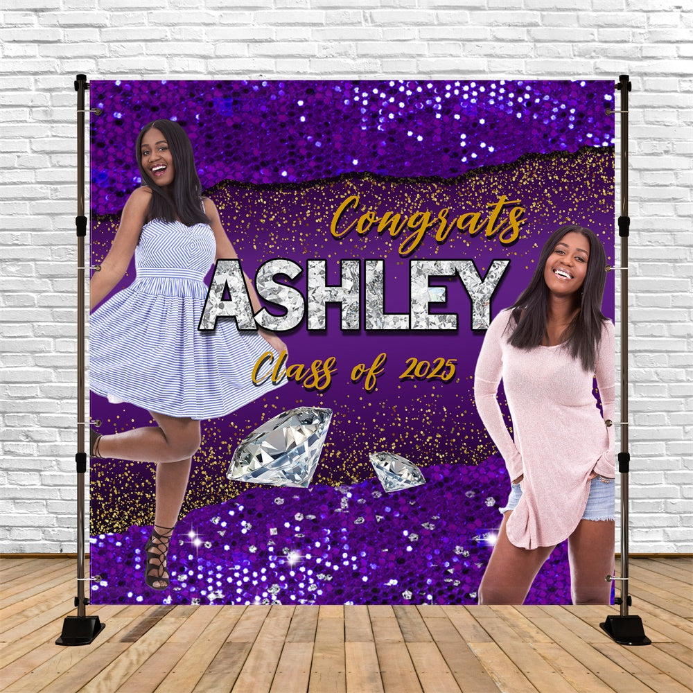 Toile de Fond de Graduation Paillettes Violettes Diamant Personnalisée MRR5-16