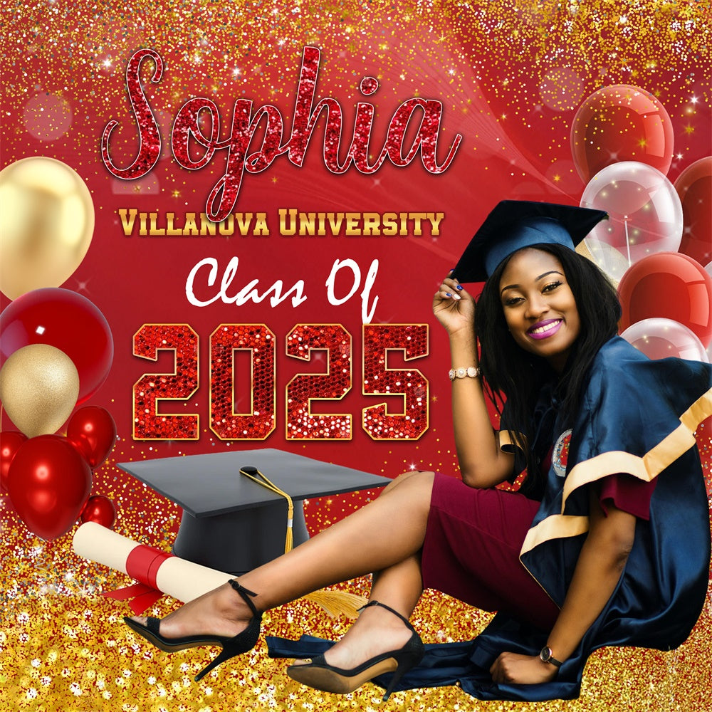 Toile de Fond de Graduation 2025 Ballon Étincelant Rouge Personnalisée MRR5-23