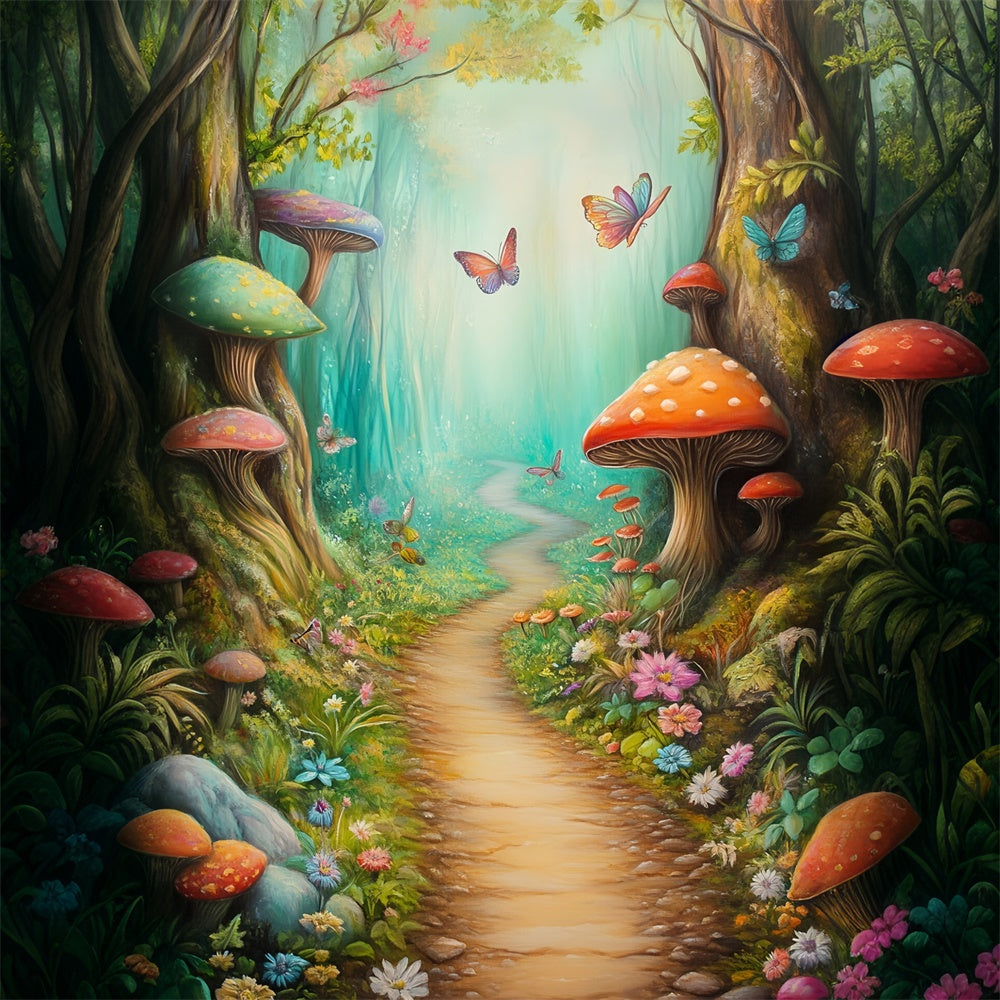 Toile de fond Photo Forêt Fée Champignon Sentier Papillon MRR7-110