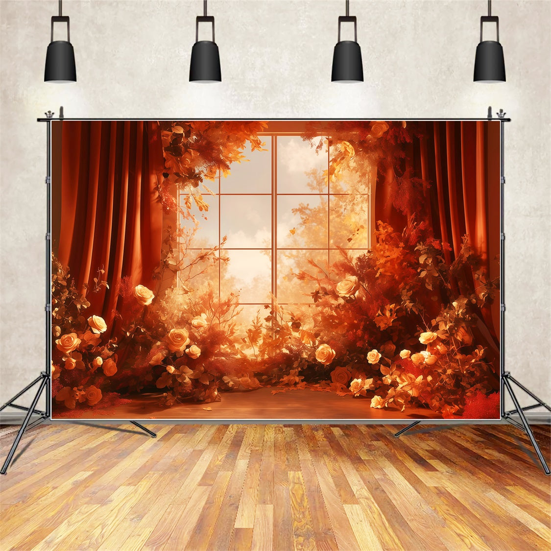 Toile de fond Automne Vue Fenêtre Florale Chaleureuse MRR7-118