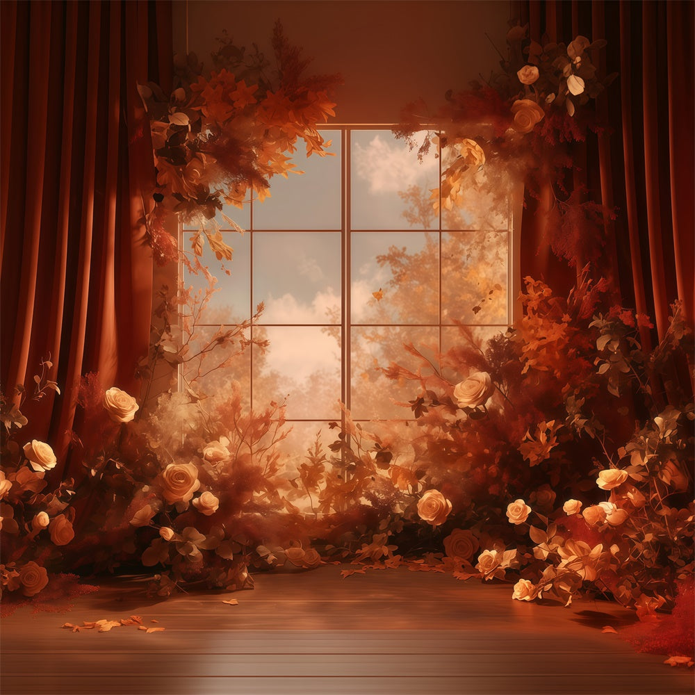 Toile de fond Automne Vue Fenêtre Florale Chaleureuse MRR7-118