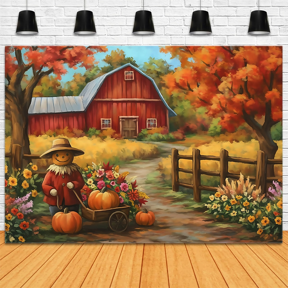 Toile de fond Déco Automne Fleurs Citrouilles Grange MRR7-119