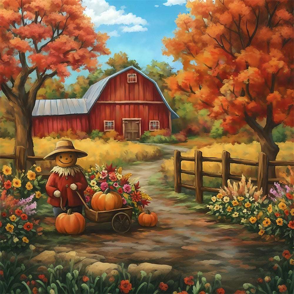 Toile de fond Déco Automne Fleurs Citrouilles Grange MRR7-119