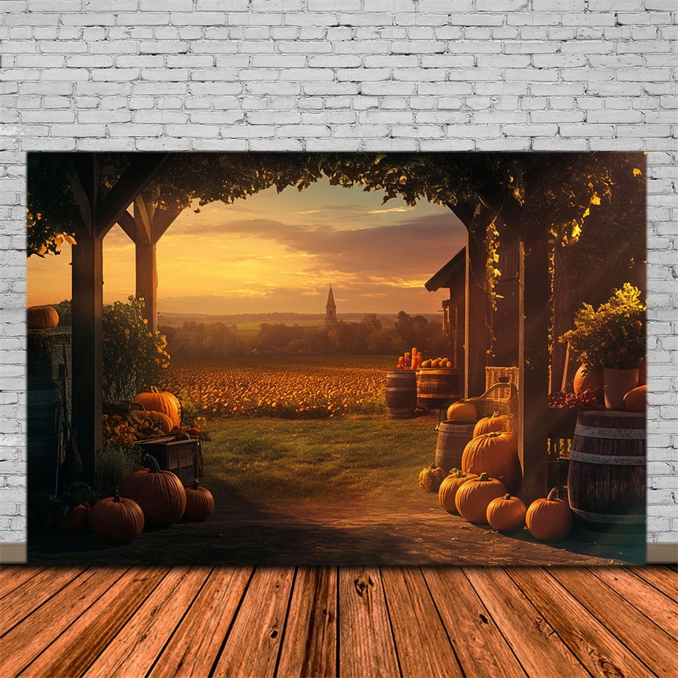 Toile de fond Automne Ferme Citrouilles Dorées Coucher Soleil MRR7-120