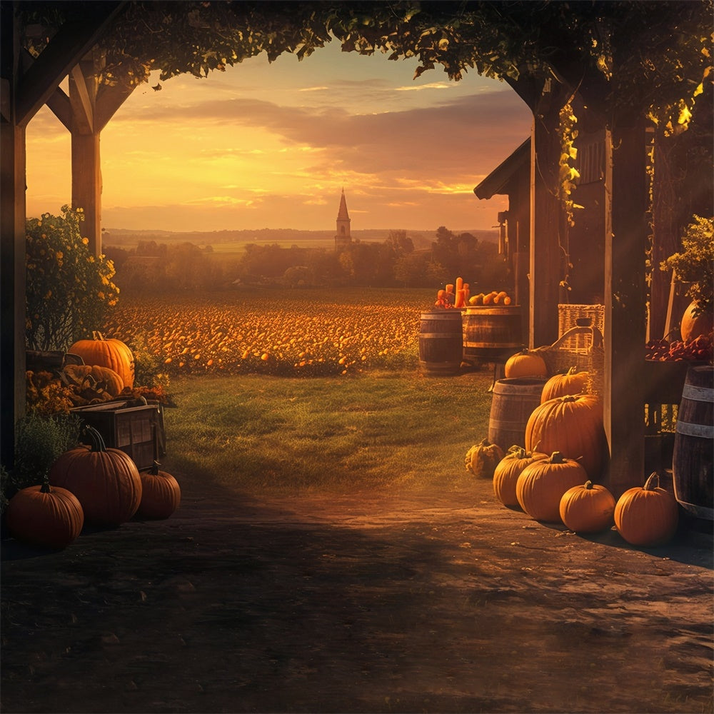Toile de fond Automne Ferme Citrouilles Dorées Coucher Soleil MRR7-120