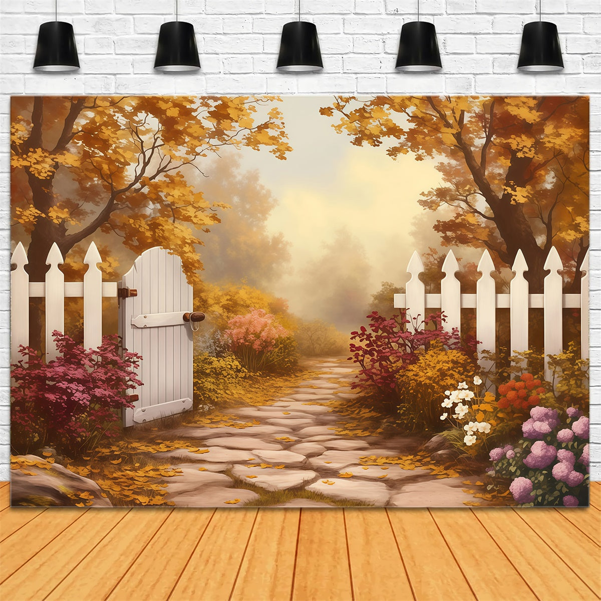Toile de fond Automne Clôture Blanche Sentier Doré MRR7-124