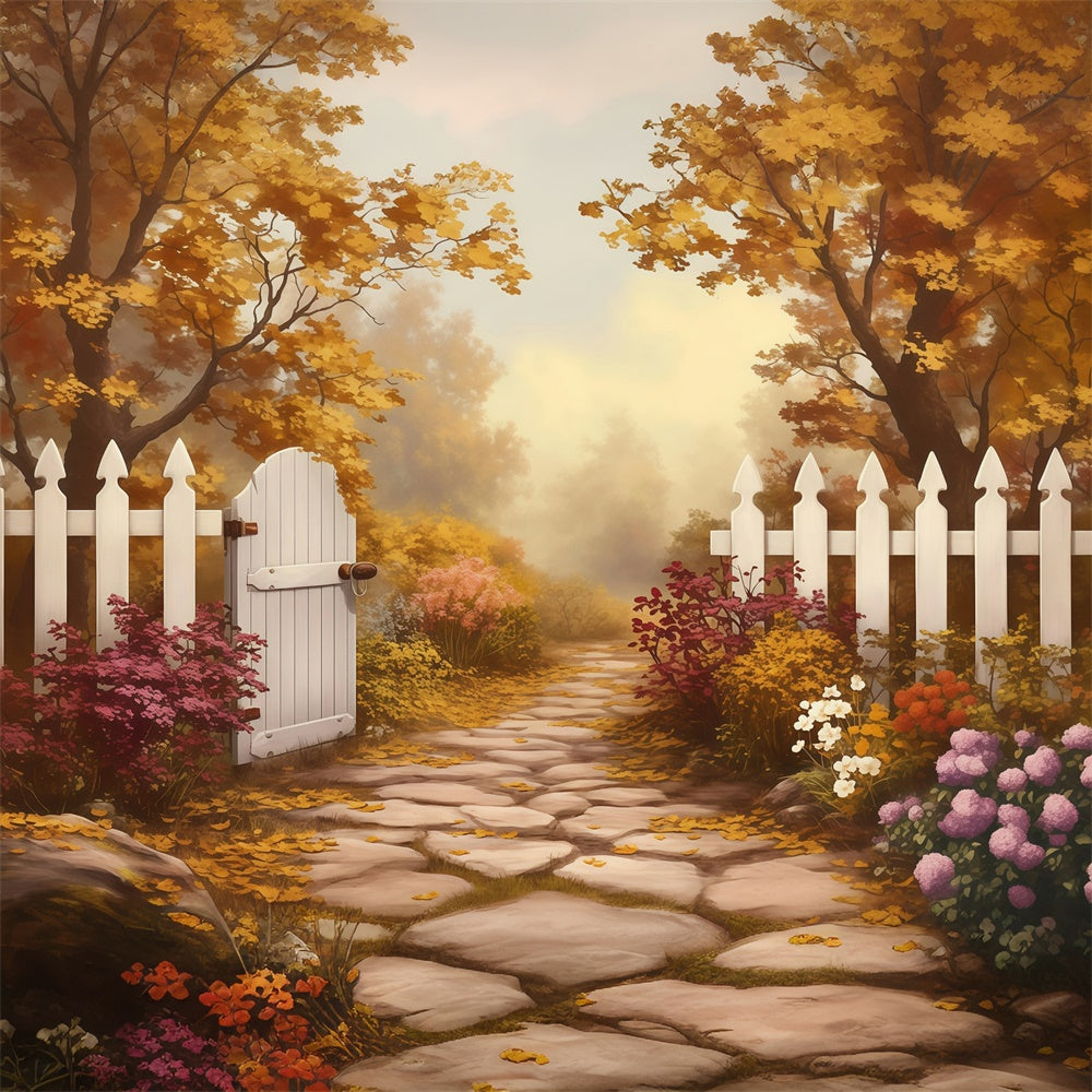 Toile de fond Automne Clôture Blanche Sentier Doré MRR7-124