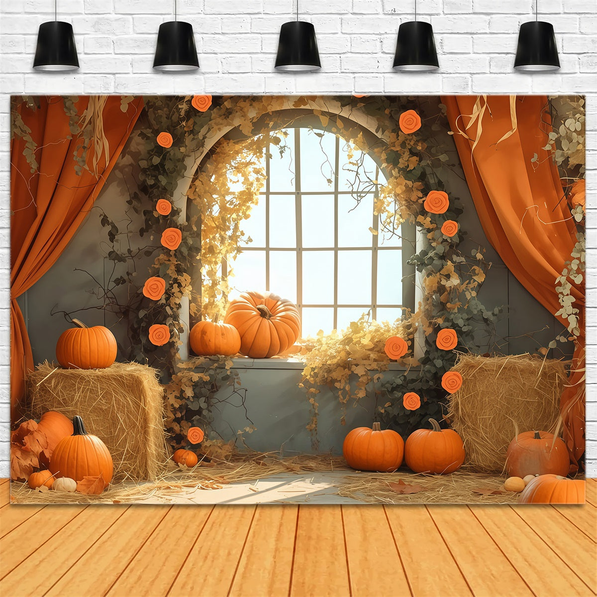 Toile de fond Déco Automne Fenêtre Récolte Scène Foin MRR7-125