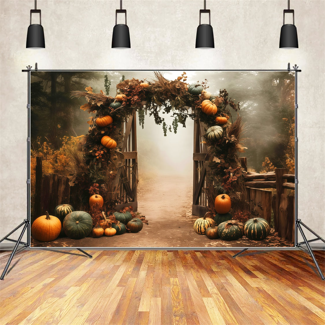 Toile de fond Photo Automne Arche Brumeuse Citrouilles MRR7-128
