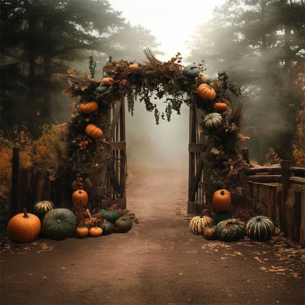 Toile de fond Photo Automne Arche Brumeuse Citrouilles MRR7-128