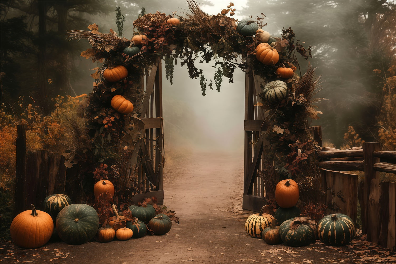 Toile de fond Photo Automne Arche Brumeuse Citrouilles MRR7-128