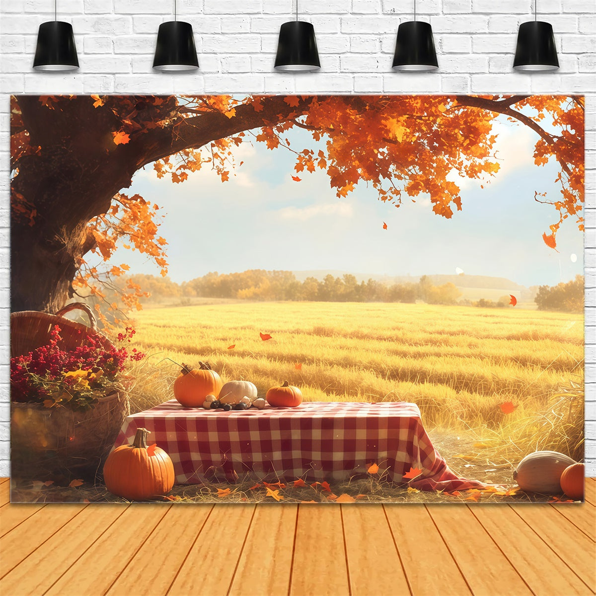 Toile de fond Automne Pique Nique Citrouilles Champs Dorés MRR7-129
