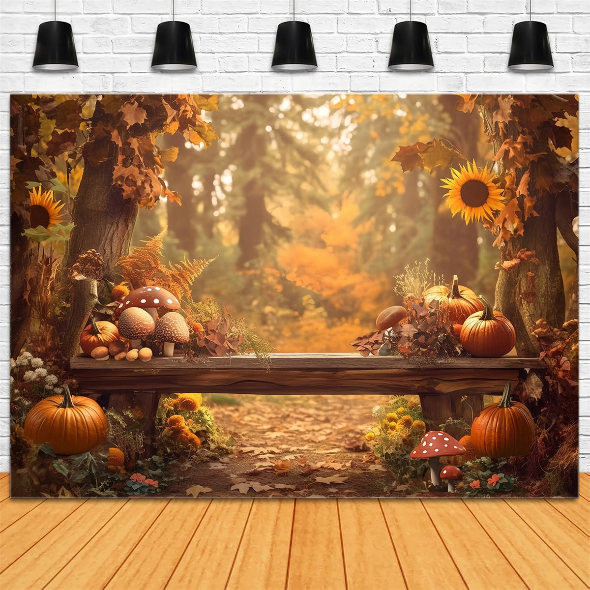 Toile de fond Automne Champignons Citrouilles Banc Forêt MRR7-130