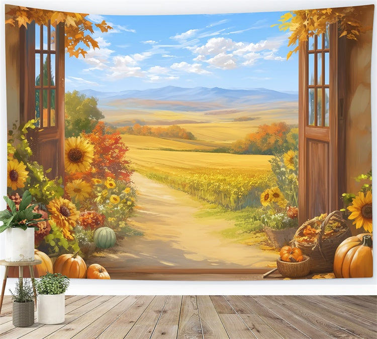 Toile de fond Déco Automne Porche Citrouilles Sentier Campagne MRR7-132