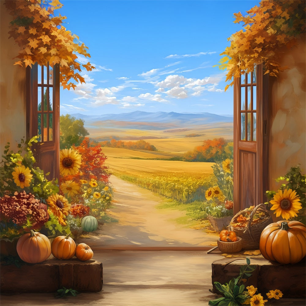 Toile de fond Déco Automne Porche Citrouilles Sentier Campagne MRR7-132