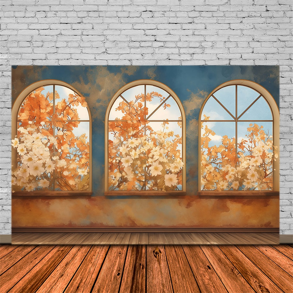Toile de fond Automne Fenêtre Cintrée Floraison Automnale MRR7-136