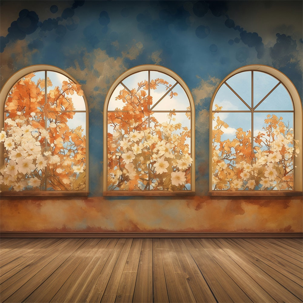 Toile de fond Automne Fenêtre Cintrée Floraison Automnale MRR7-136