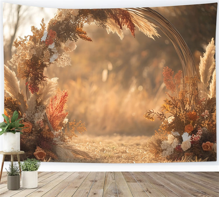 Toile de fond Déco Automne Cercle Fleurs Pampas Bohème MRR7-137