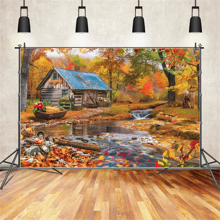 Toile de fond Automne Chalet Ruisseau Forêt MRR7-139