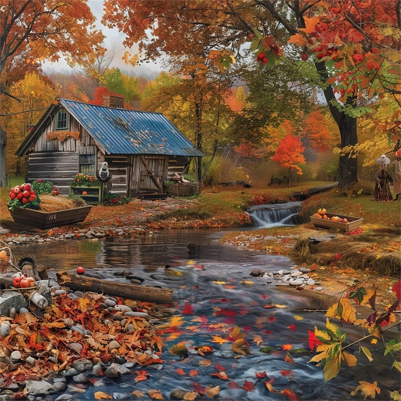 Toile de fond Automne Chalet Ruisseau Forêt MRR7-139
