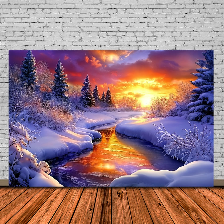Toile de fond Pays des Merveilles Hiver Ruisseau Couchant MRR7-174