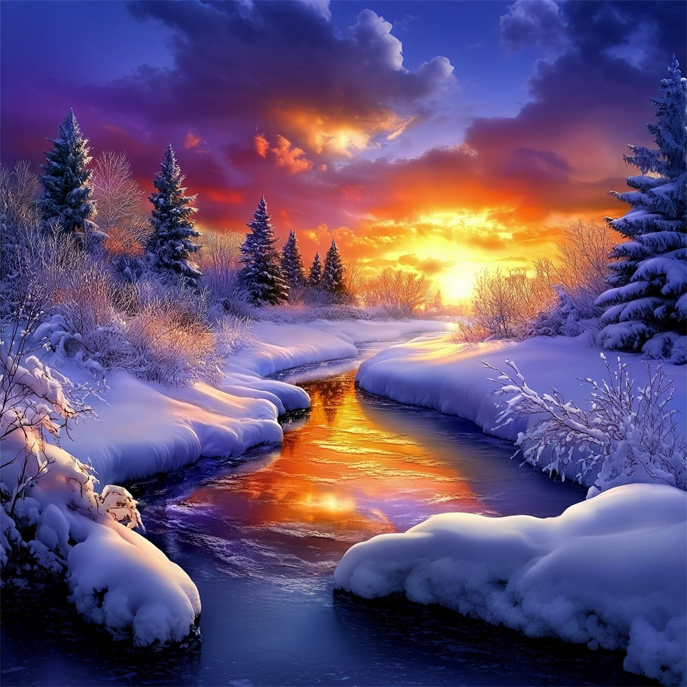 Toile de fond Pays des Merveilles Hiver Ruisseau Couchant MRR7-174