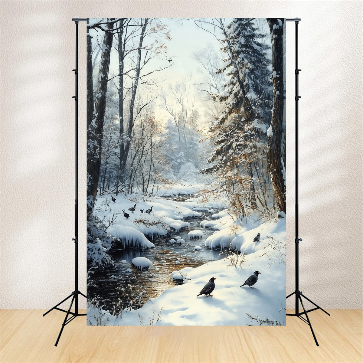 Toile de fond Neige Ruisseau Hiver Forêt Corbeau MRR7-178